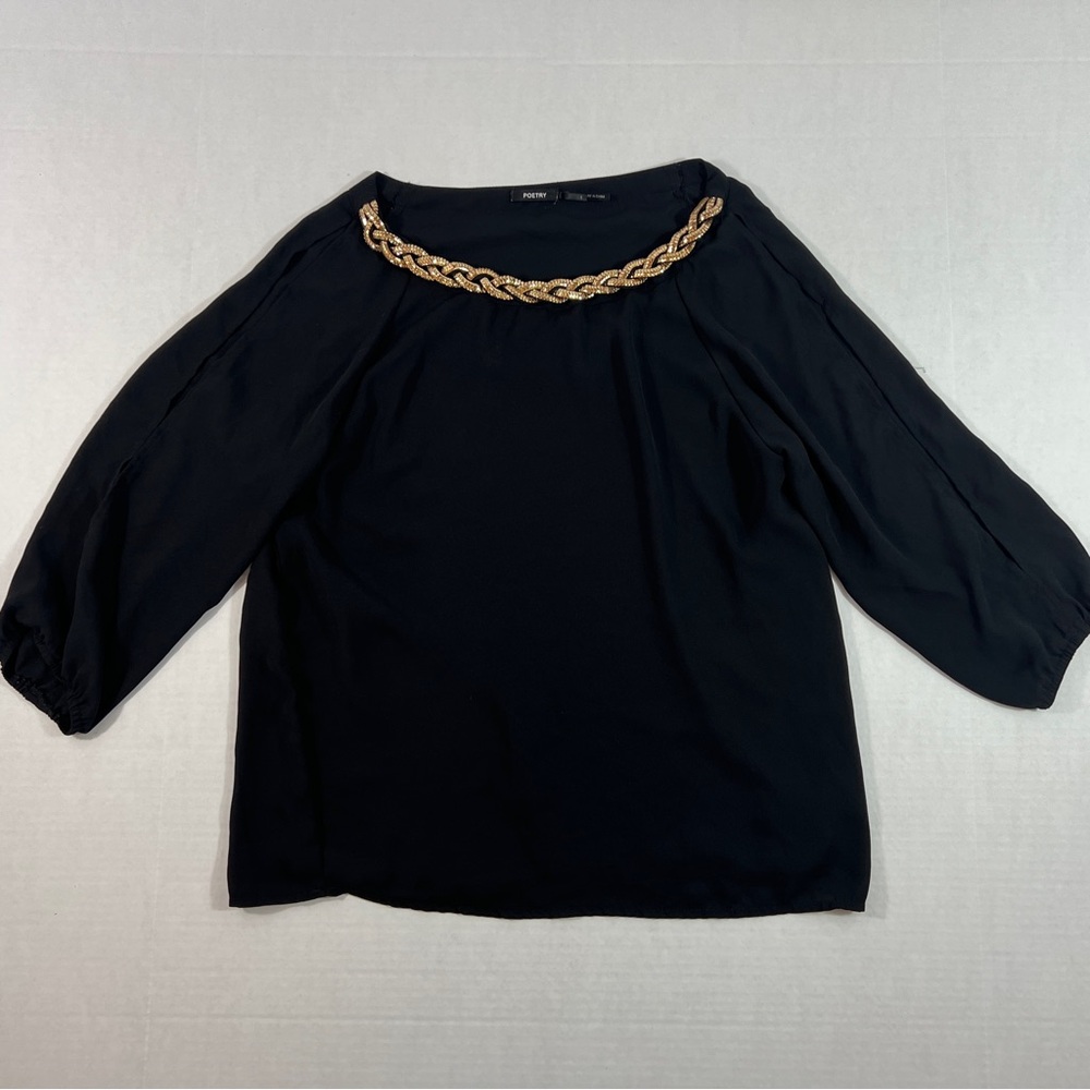 Poetry Womens Embellished Blouse Black 3/4 Sleeve Size S